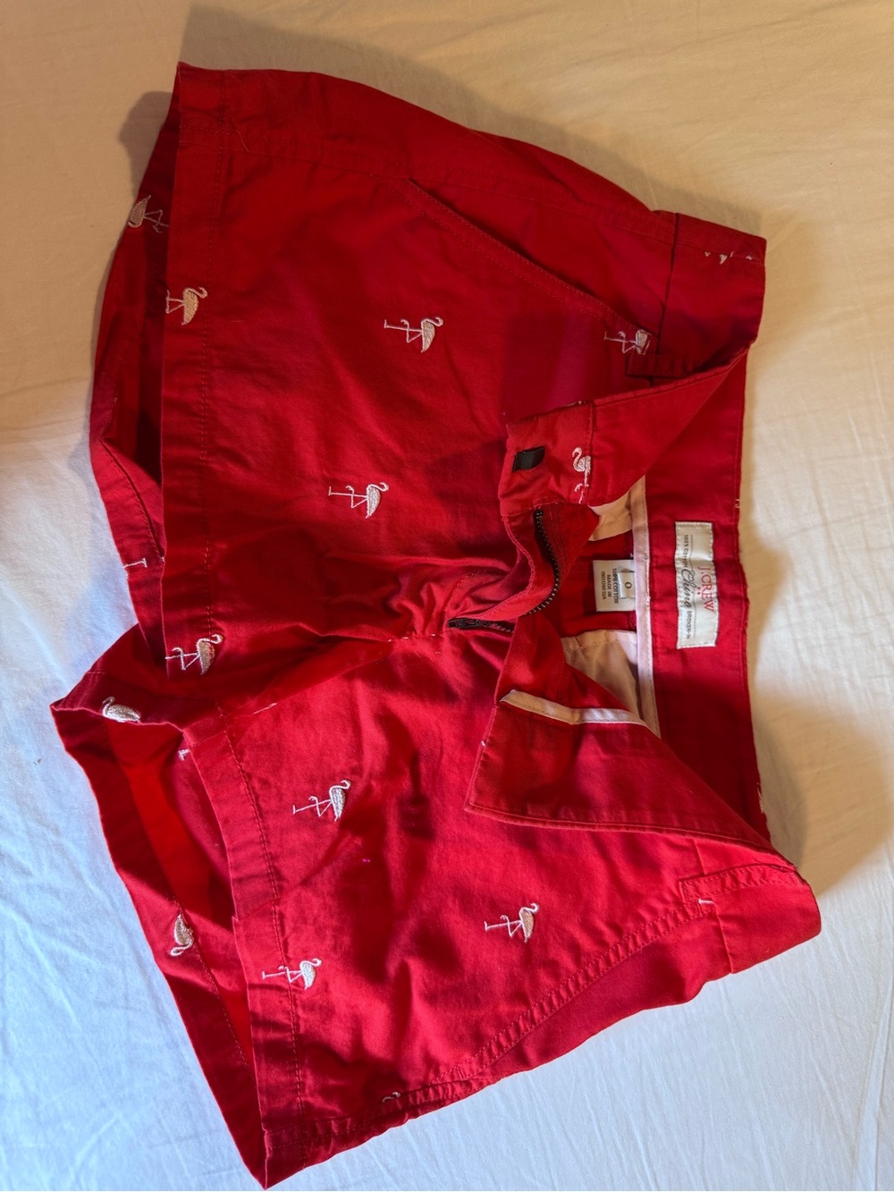 J. Crew Red Flamingo-Embroidered Women's Chino Shorts. Size 0